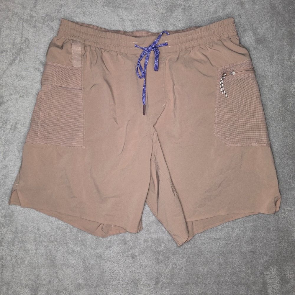 Lululemon Mens Athletic Cargo Shorts Tan Khaki Purple Drawstring Mesh Pockets - Picture 1 of 6